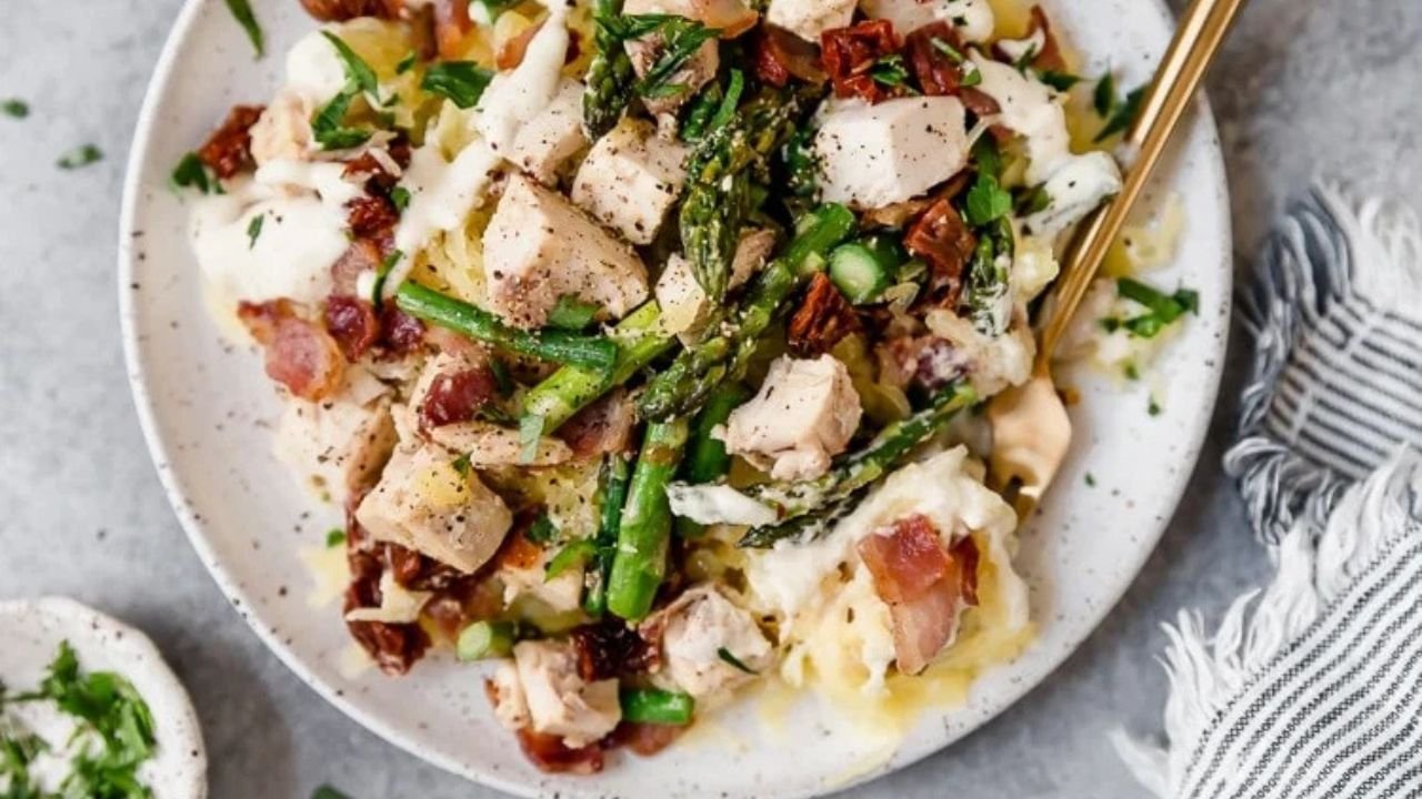 Creamy Chicken Spaghetti Squash with Bacon and Asparagus